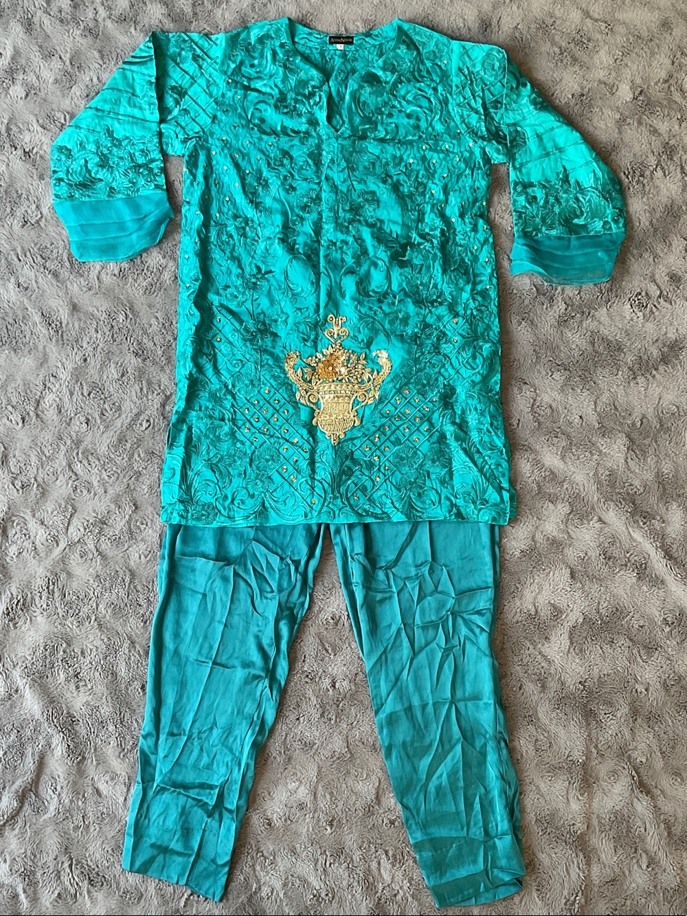 Woman’s Teal Embroidered (Indian) Kurta Dress Set with Gold Accent